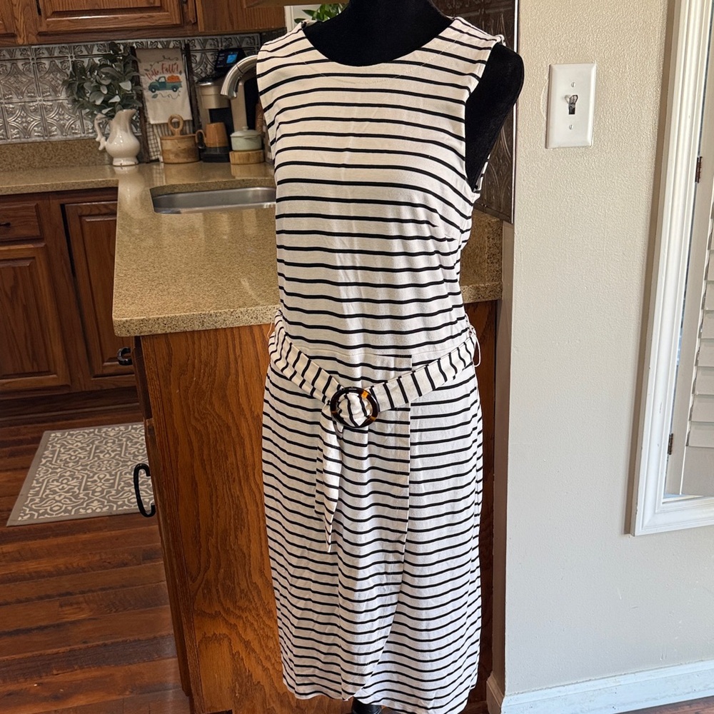 LOFT Black and White Striped Midi Dress with Belt